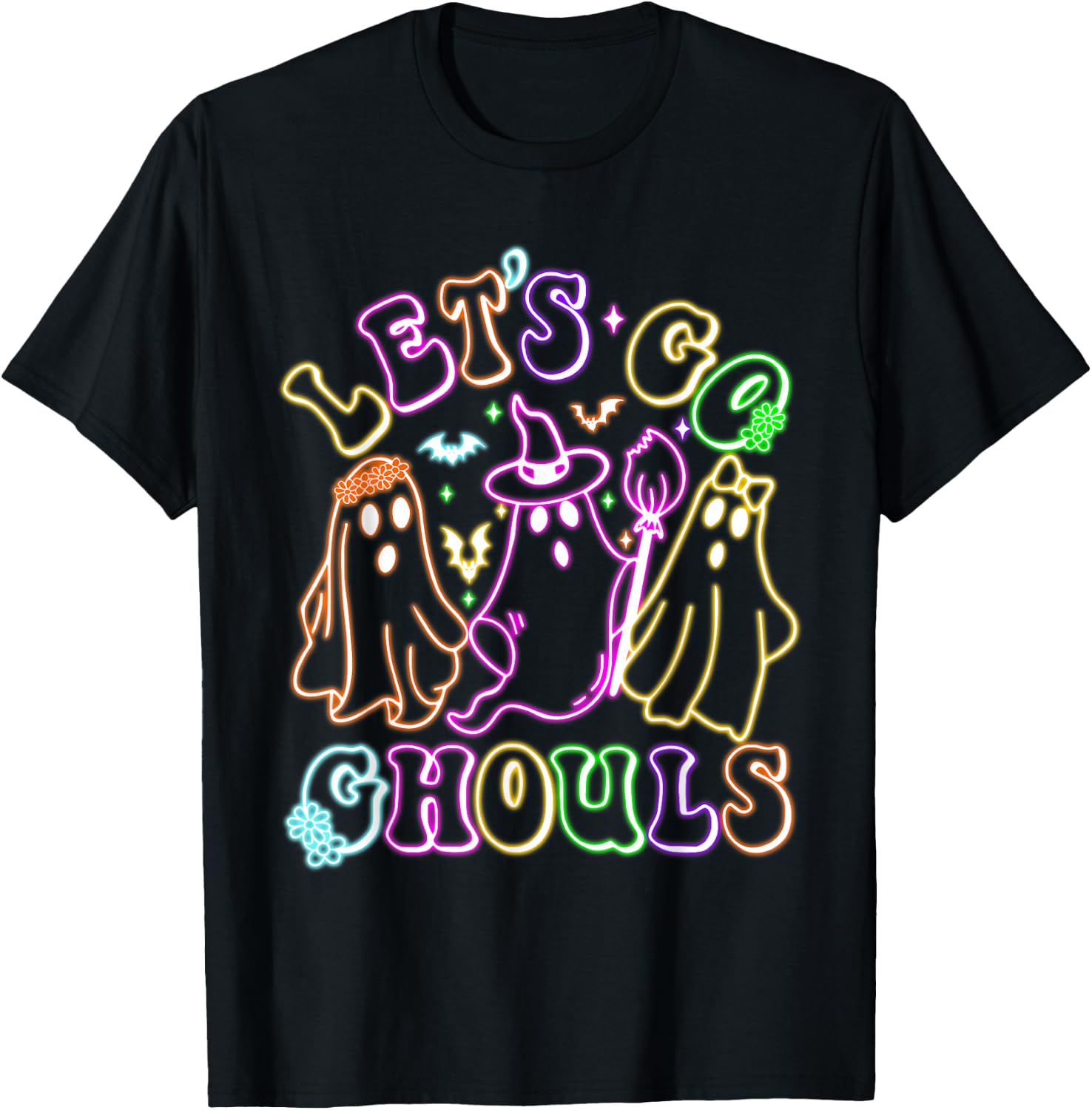 Retro Lets Go Ghouls Halloween Spooky Ghost Colorful Glowing T-Shirt - T-Shirt | Black