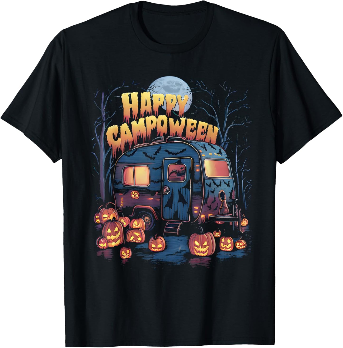 Happy Camp-O-Ween Halloween Camping Ghosts and Campfires T-Shirt - T-Shirt | Black
