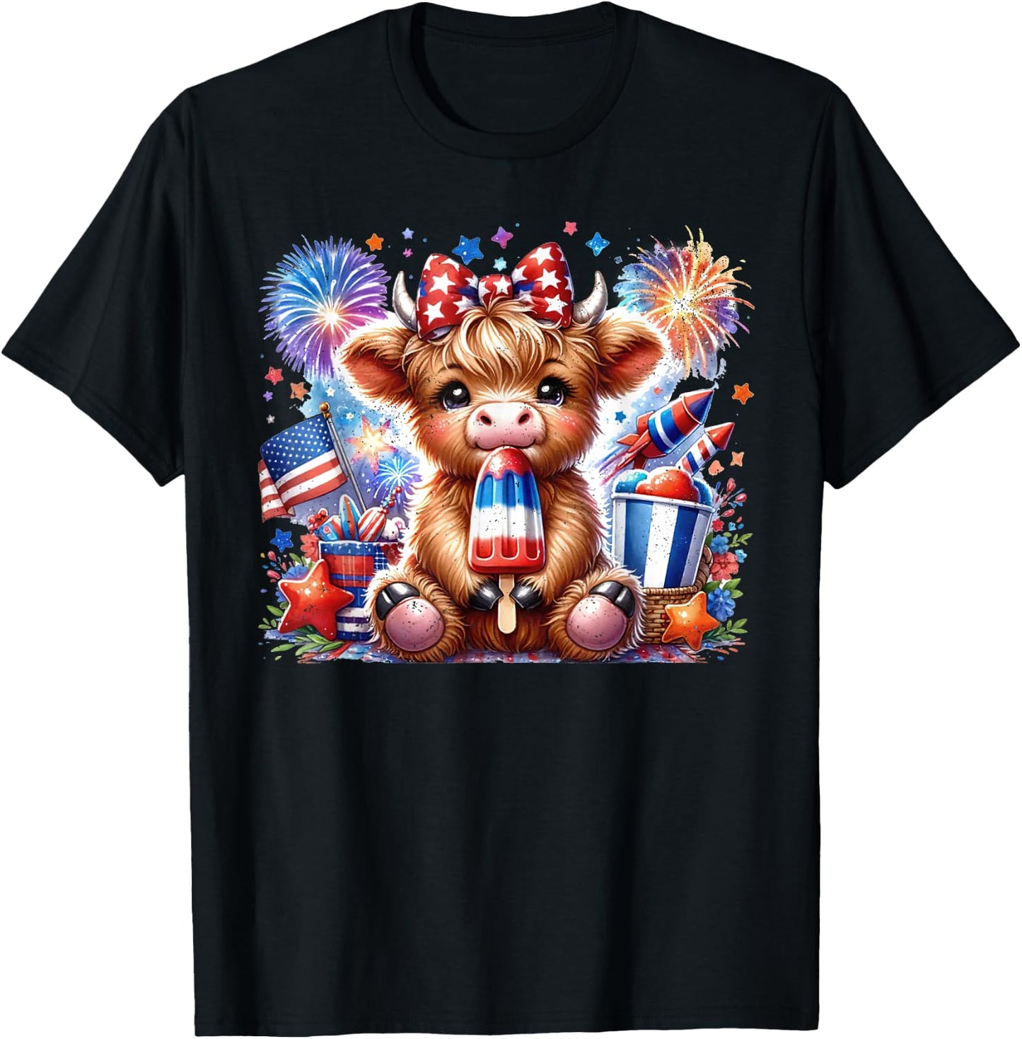 4th Of July Highland Cow Popsicle Firework USA American T-Shirt - T-Shirt | Black