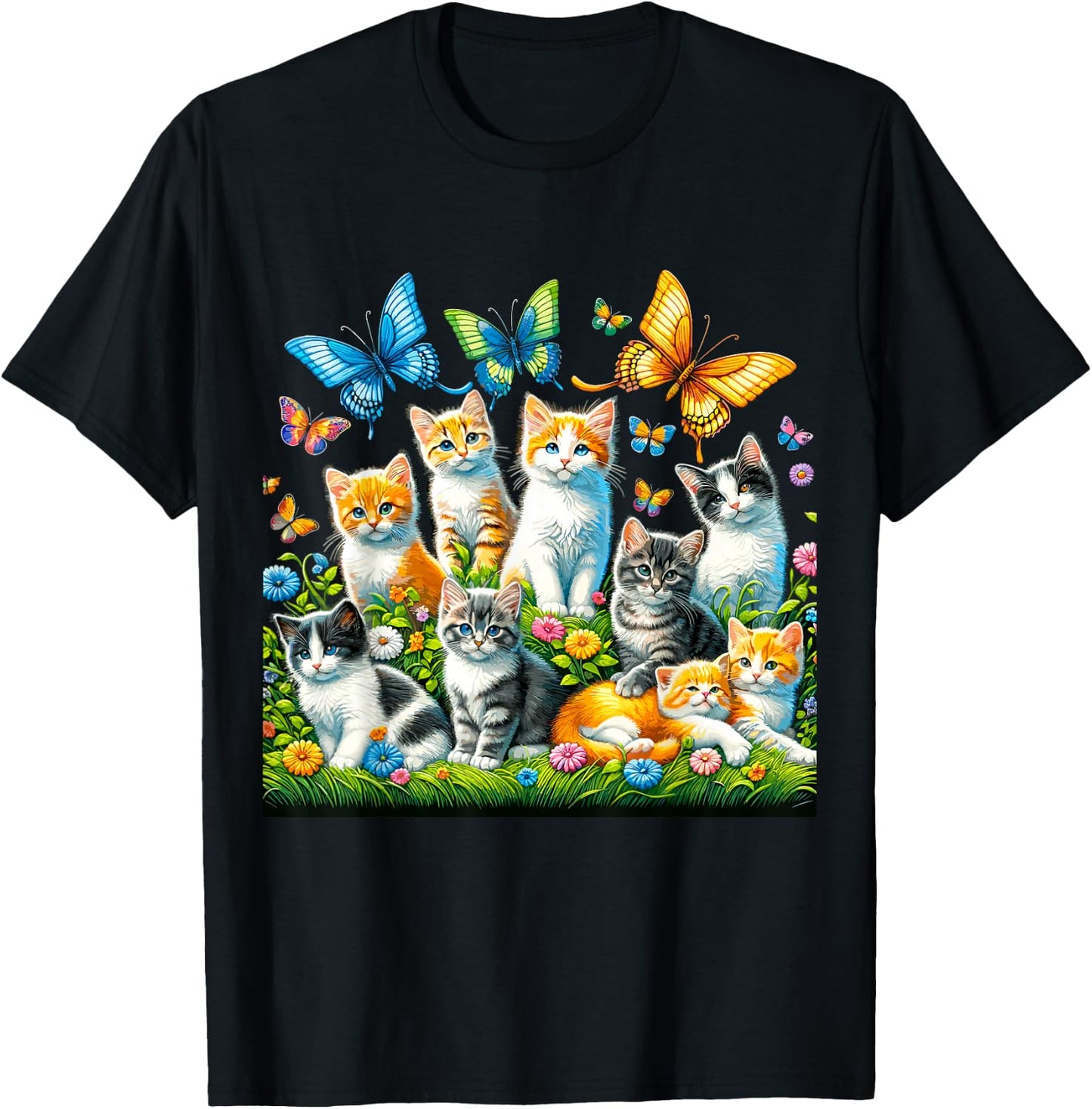 Cats and Butterflies T-Shirt - T-Shirt | Black