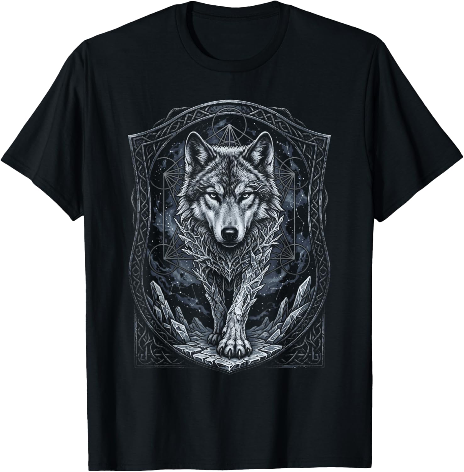 Cosmic Arctic Wolf Celtic Mystic Fantasy Art T-Shirt - T-Shirt | Black