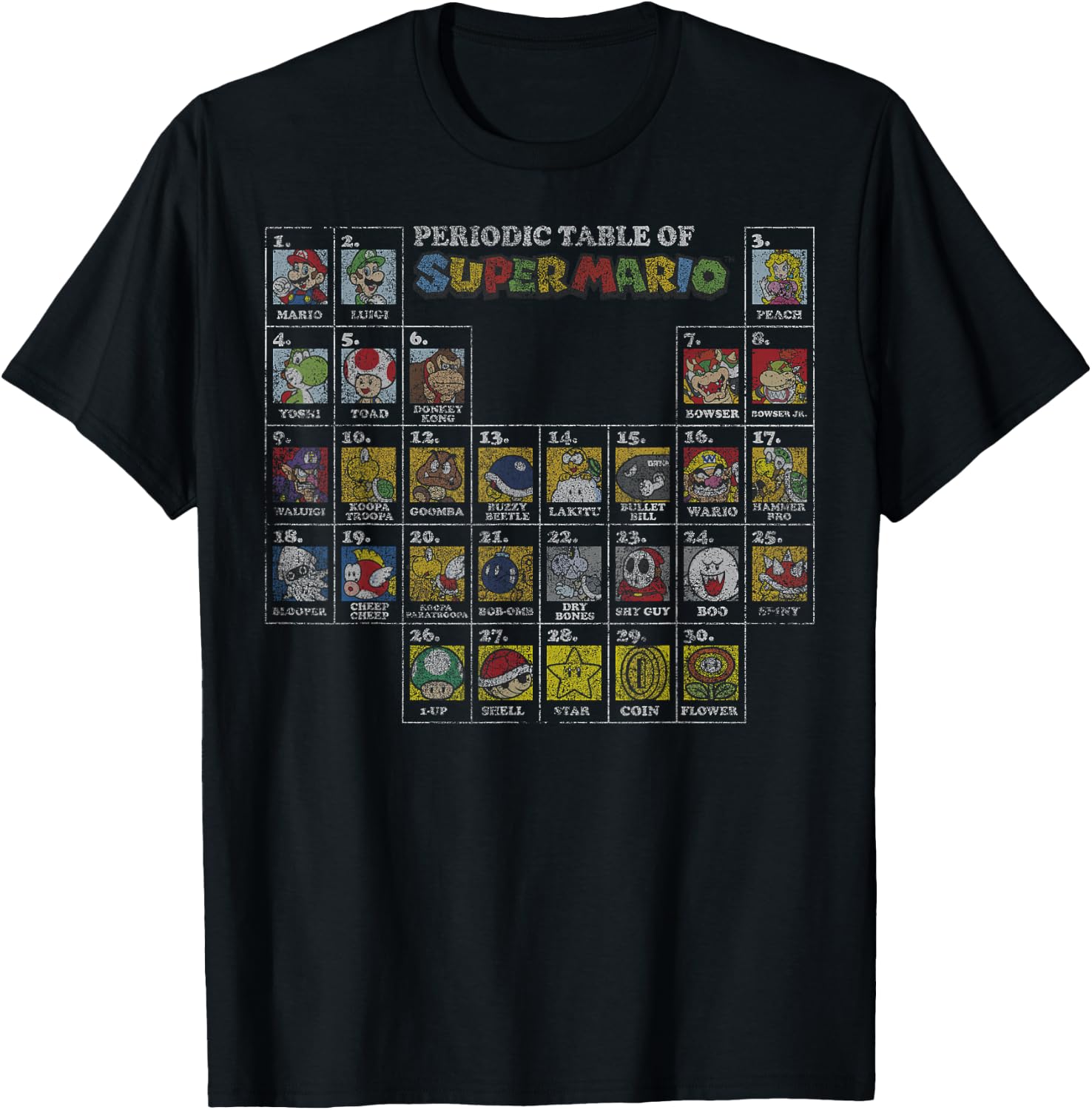Super Mario Periodic Table Of Character Panel Grid T-Shirt - T-Shirt | Black