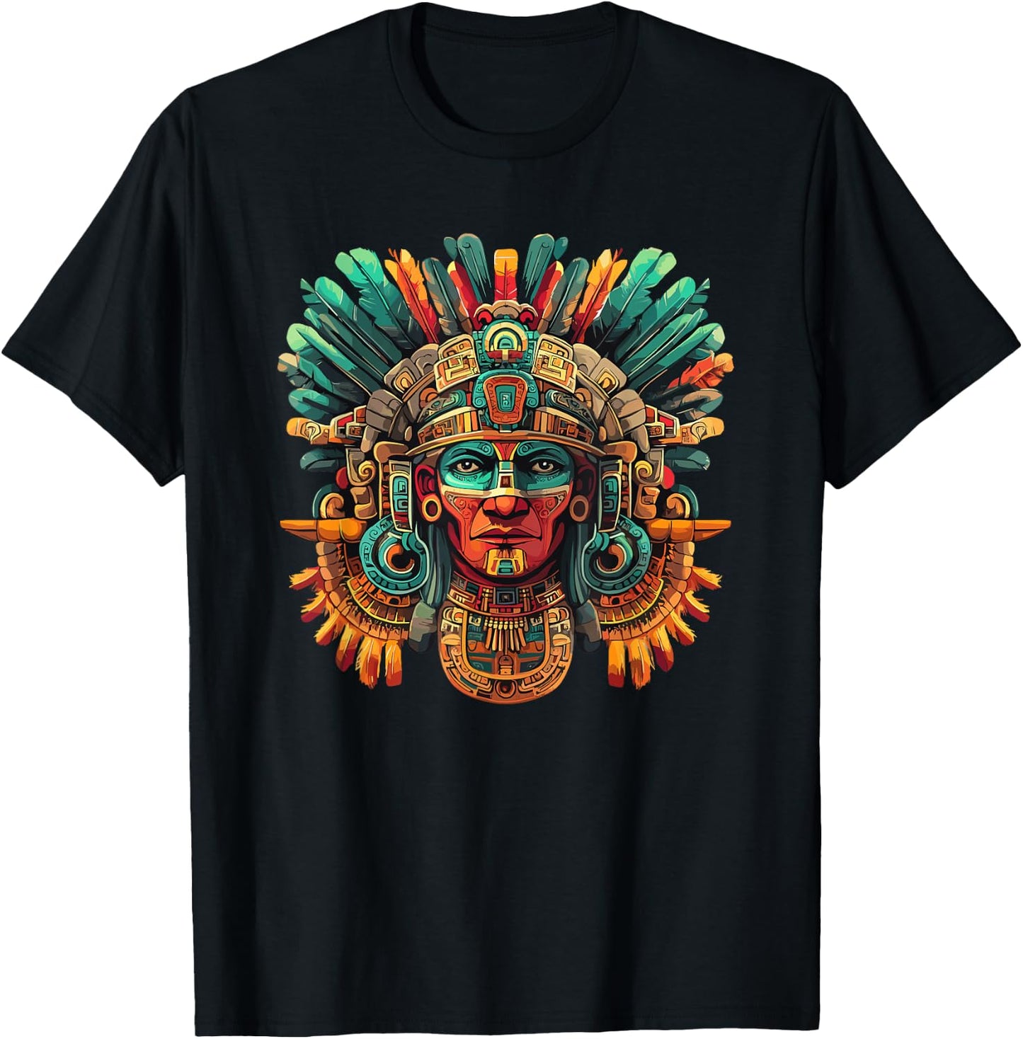 Mayan Tribal Warrior Mask Feather Headdress T-Shirt - T-Shirt | Black