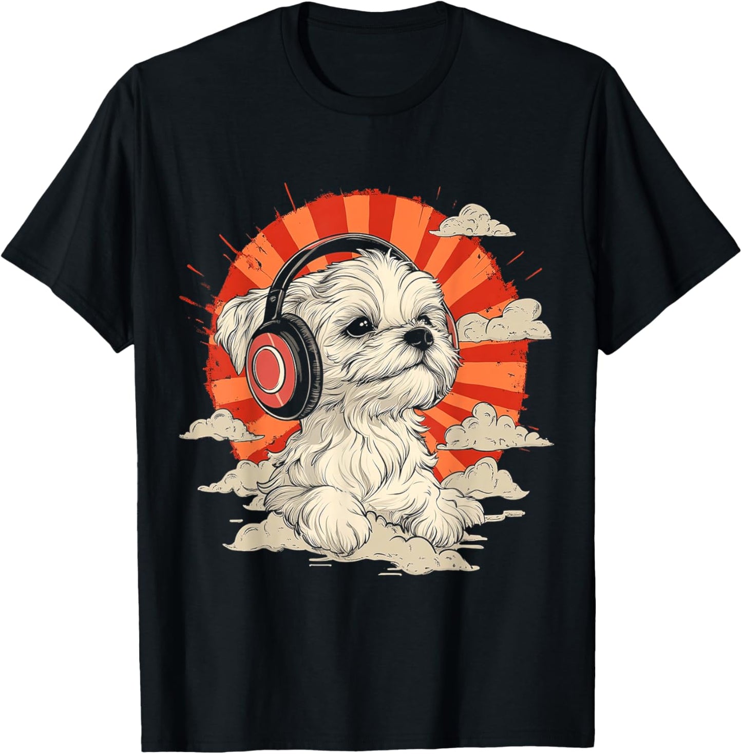 Maltese Dog Motif Pet Art Music Headphone Maltese T-Shirt - T-Shirt | Black