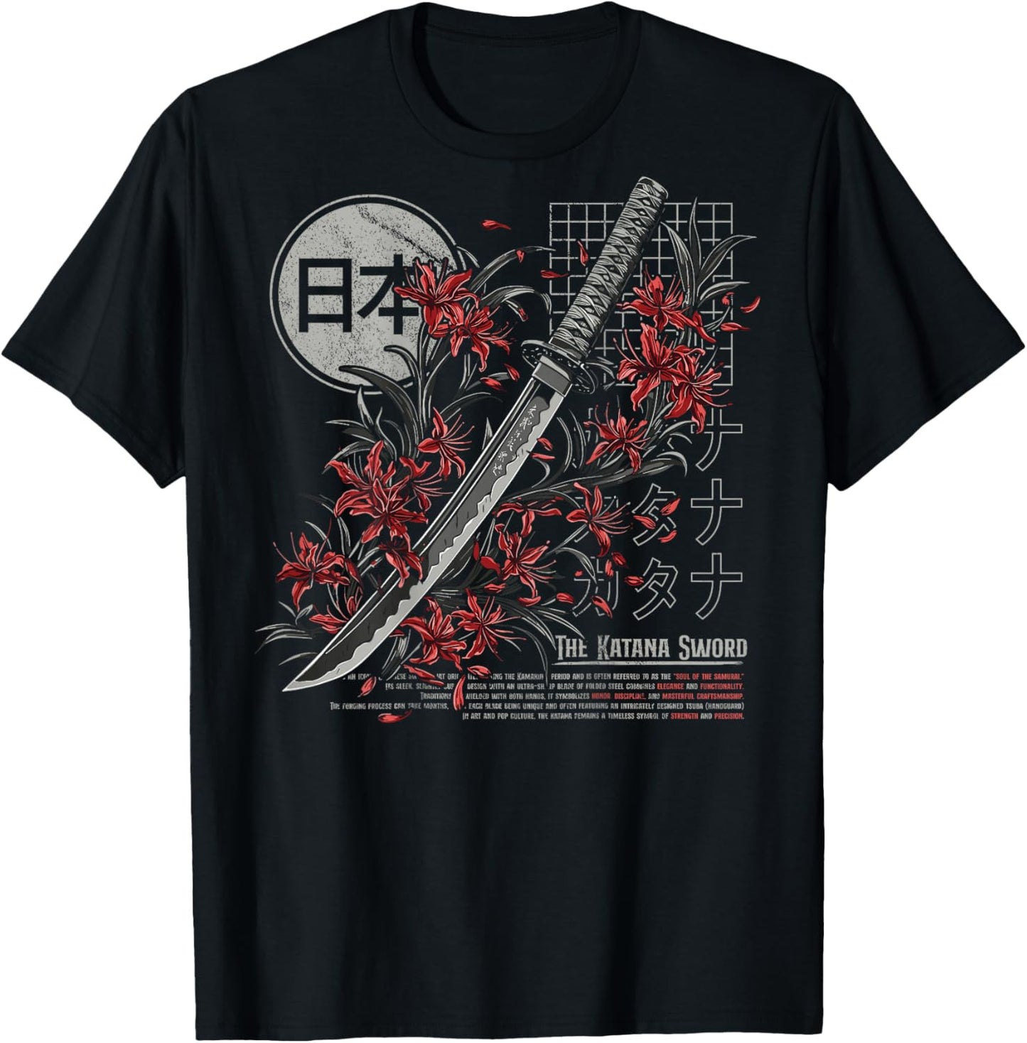 Red Spider Lily Flower Japanese Katana Sword Backprinted T-Shirt - T-Shirt | Black