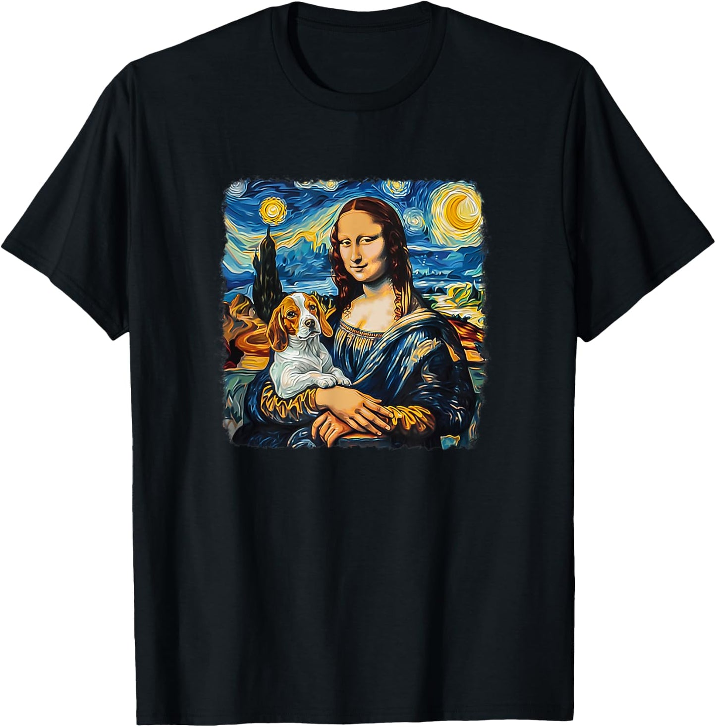 Mona Lisa with Beagle Van Gogh Starry Night Funny Painting T-Shirt - T-Shirt | Black