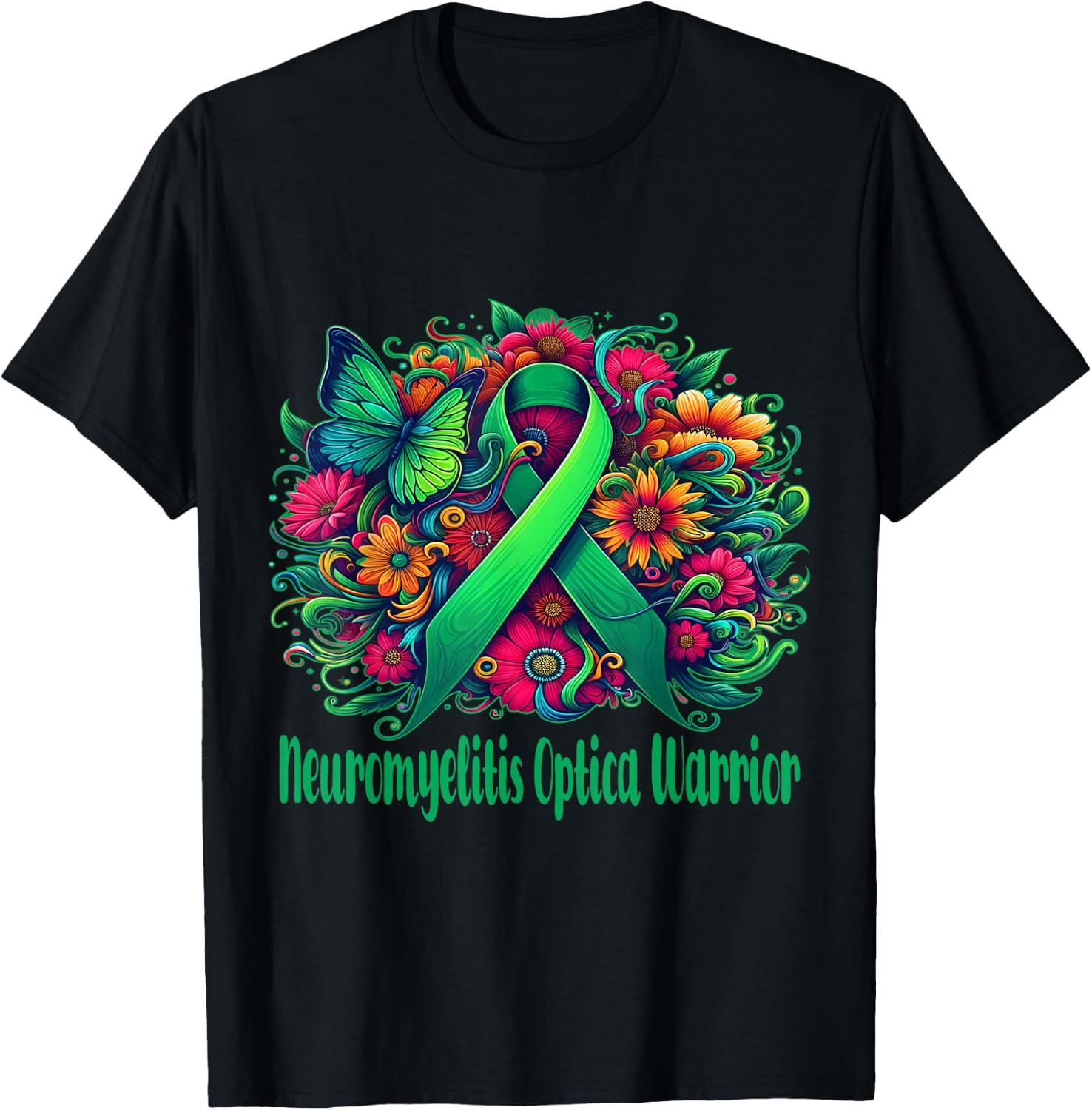 neuromyelitis optica Awareness green floral and ribbon T-Shirt - T-Shirt | Black