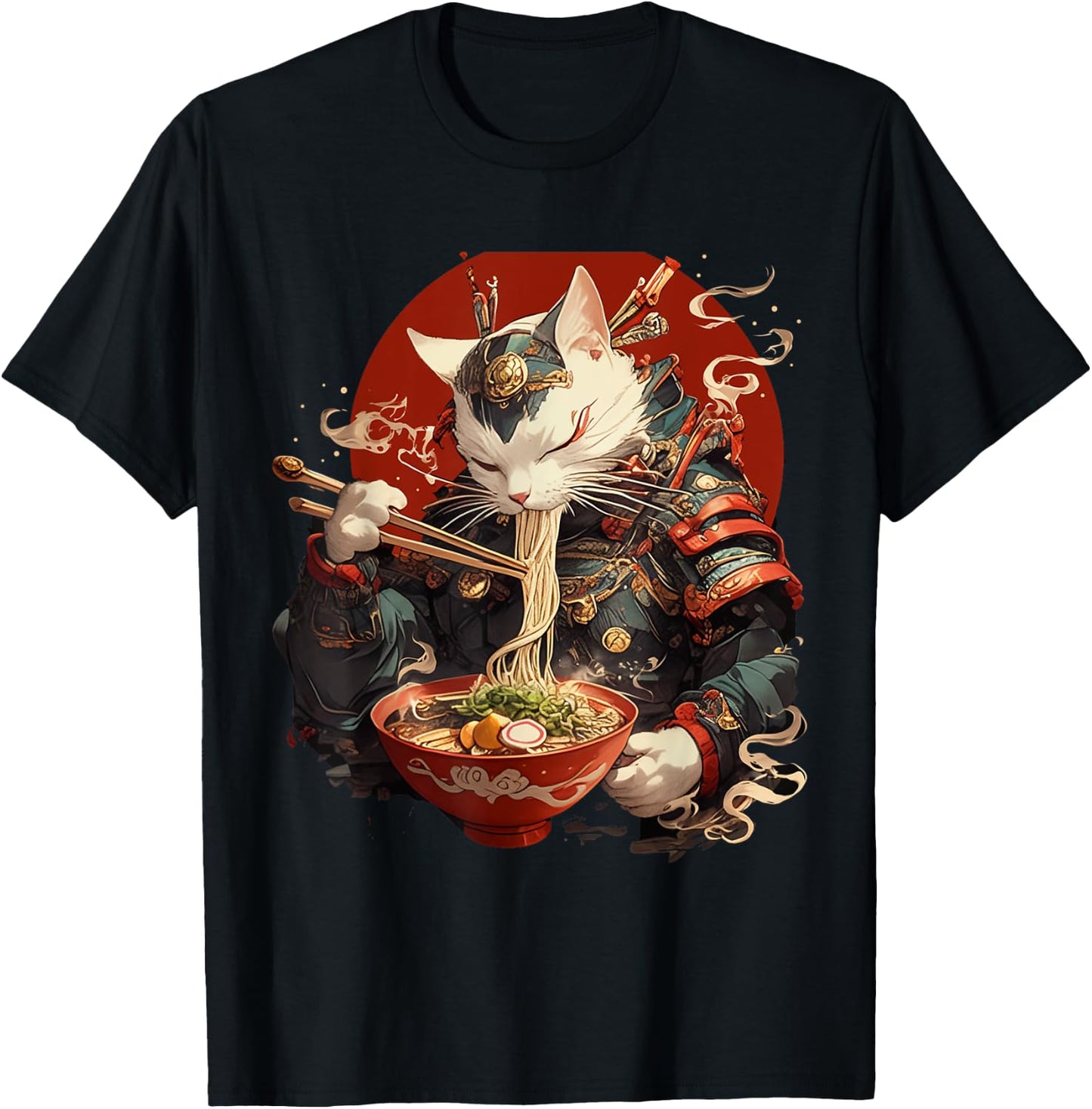 Japanese Art Ramen Cat Ninja Ukiyo-e Anime Style Samurai Cat T-Shirt - T-Shirt | Black