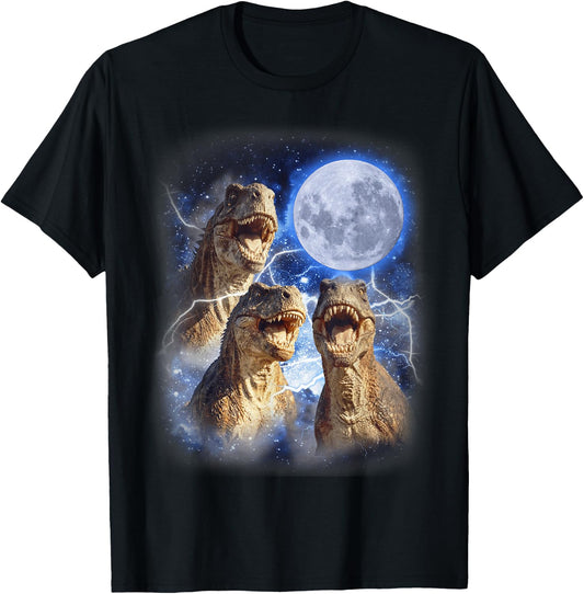 3 Tyrannosaurus Moon Howling Prehistoric Funny Dinosaurs T-Shirt - T-Shirt | Black