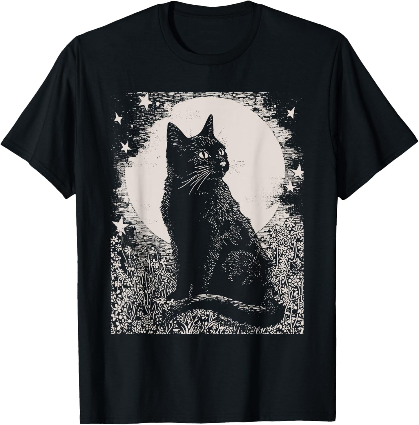 Gothic Black Cat in Garden Plant Flower Witch Halloween Men Women T-Shirt - T-Shirt | Black