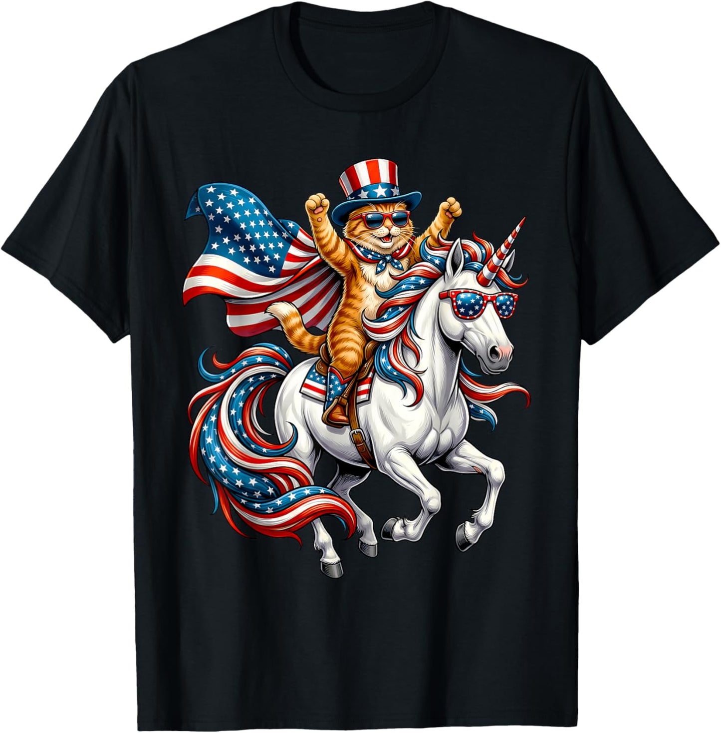 Funny Cat Unicorn America USA Flag Patriotic 4th of July T-Shirt - T-Shirt | Black
