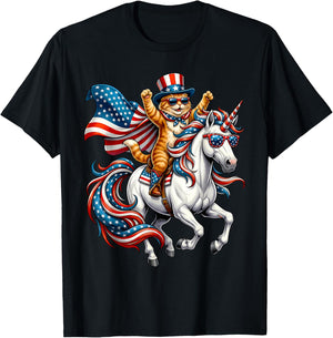 Funny Cat Unicorn America USA Flag Patriotic 4th of July T-Shirt - T-Shirt | Black