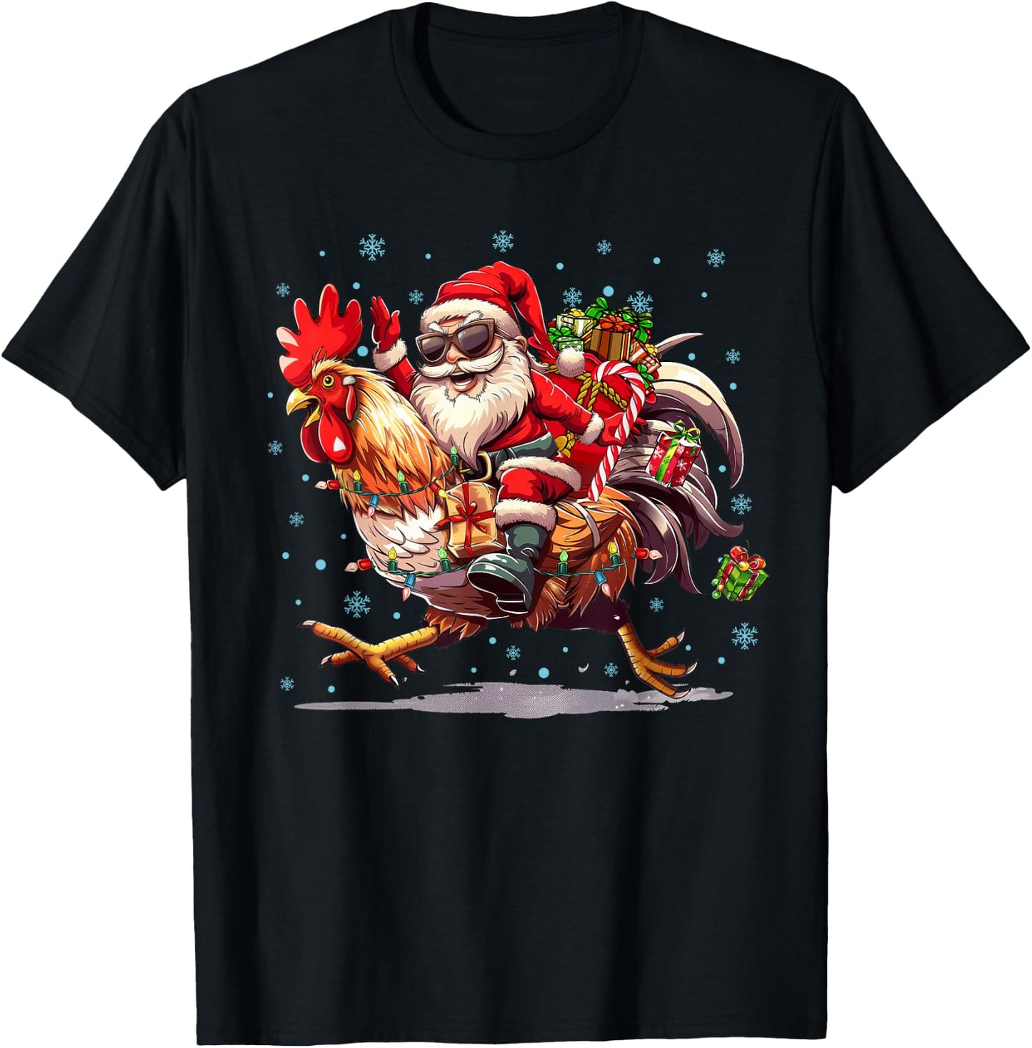 Ugly Christmas Santa Riding Chicken Christmas Tree Lights T-Shirt - T-Shirt | Black
