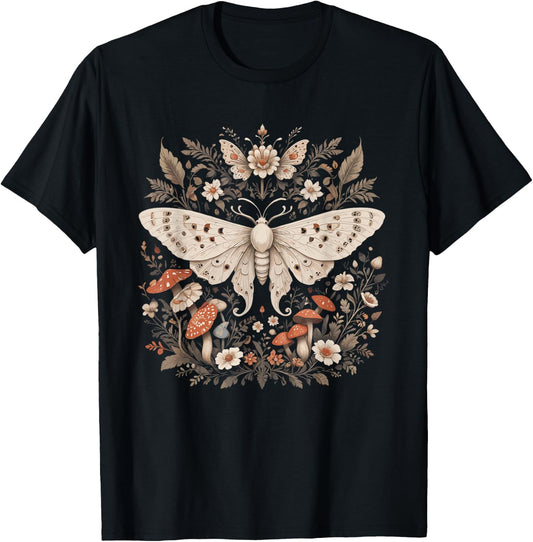 Cute Fairycore Floral Moth Aesthetic Girls Women Cottagecore T-Shirt - T-Shirt | Black