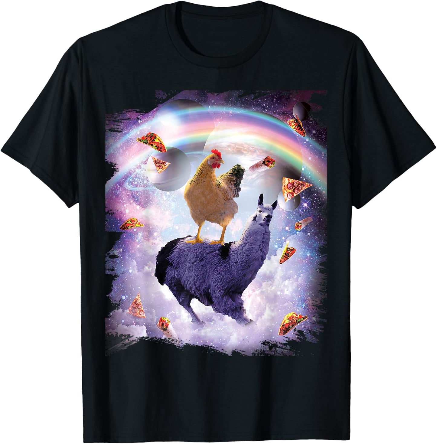 Chicken Riding Llama in Space - Rainbow T-Shirt - T-Shirt | Black