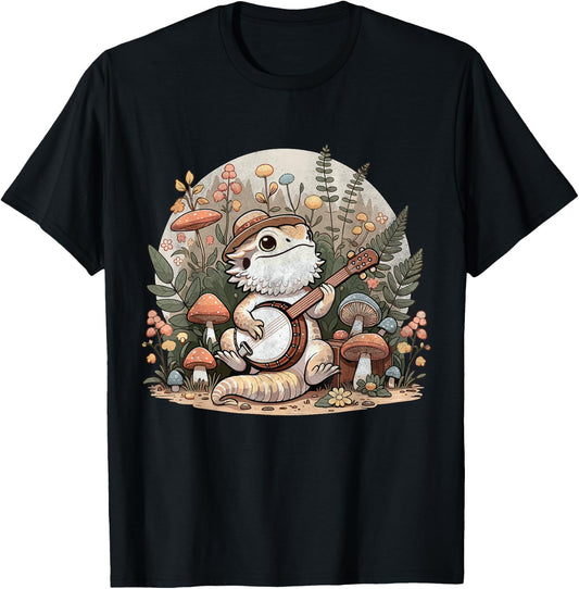 Funny Bearded Dragon Playing Banjo Cottagecore Graphic T-Shirt - T-Shirt | Black