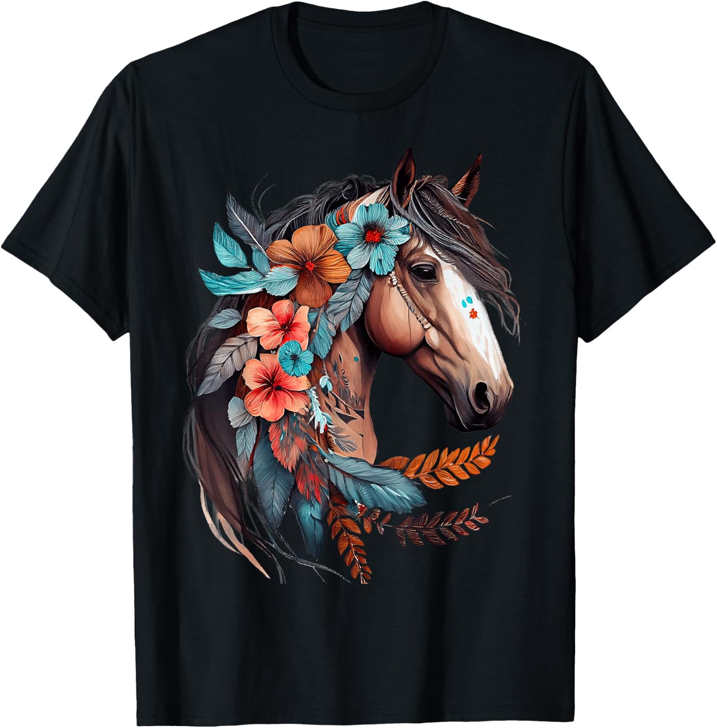 Floral Wild Horse Country Horse Riding T-Shirt - T-Shirt | Black