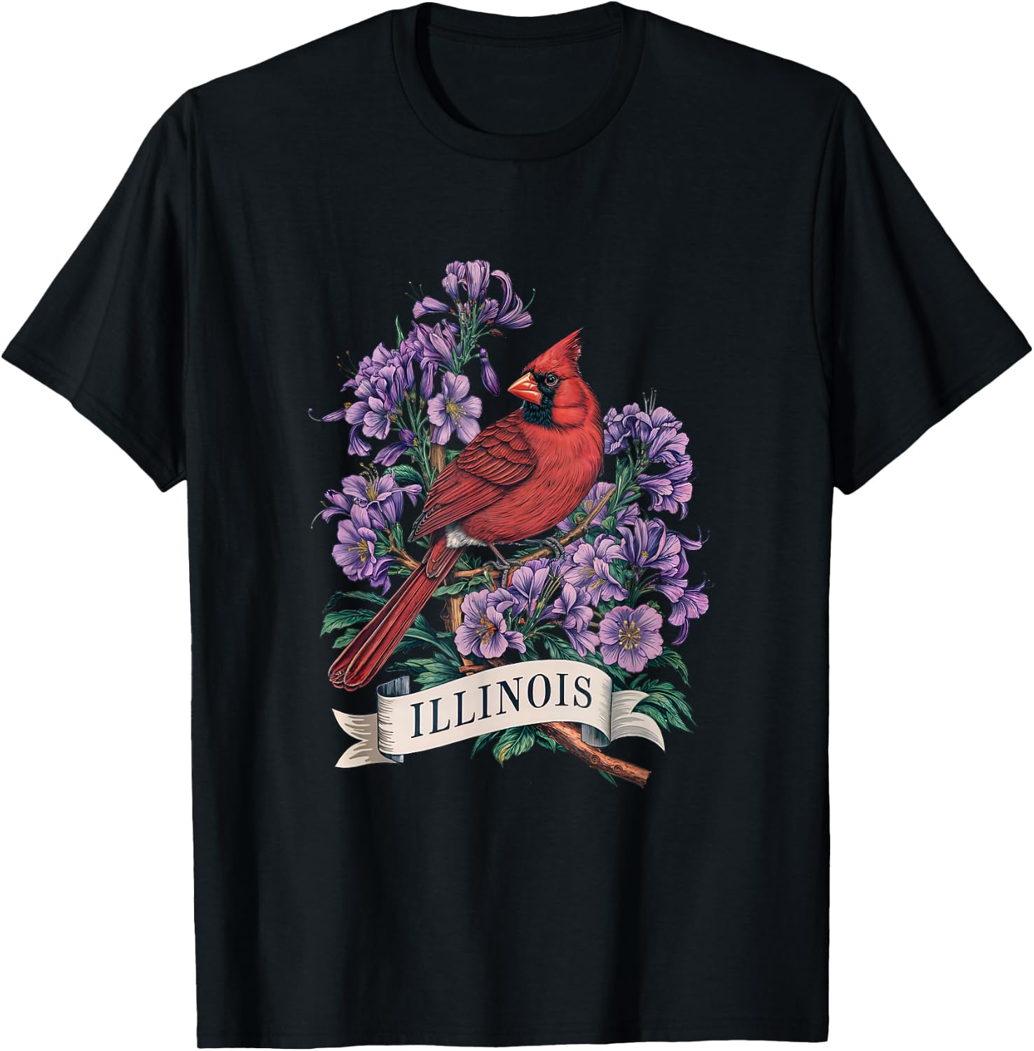 Illinois Northern Cardinal Bird and Violet Flower T-Shirt - T-Shirt | Black