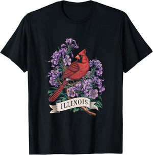 Illinois Northern Cardinal Bird and Violet Flower T-Shirt - T-Shirt | Black