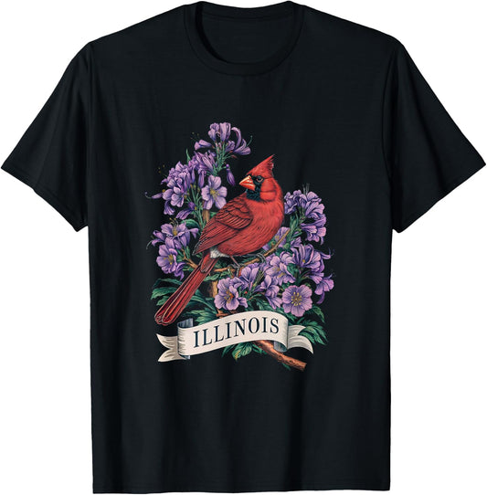 Illinois Northern Cardinal Bird and Violet Flower T-Shirt - T-Shirt | Black