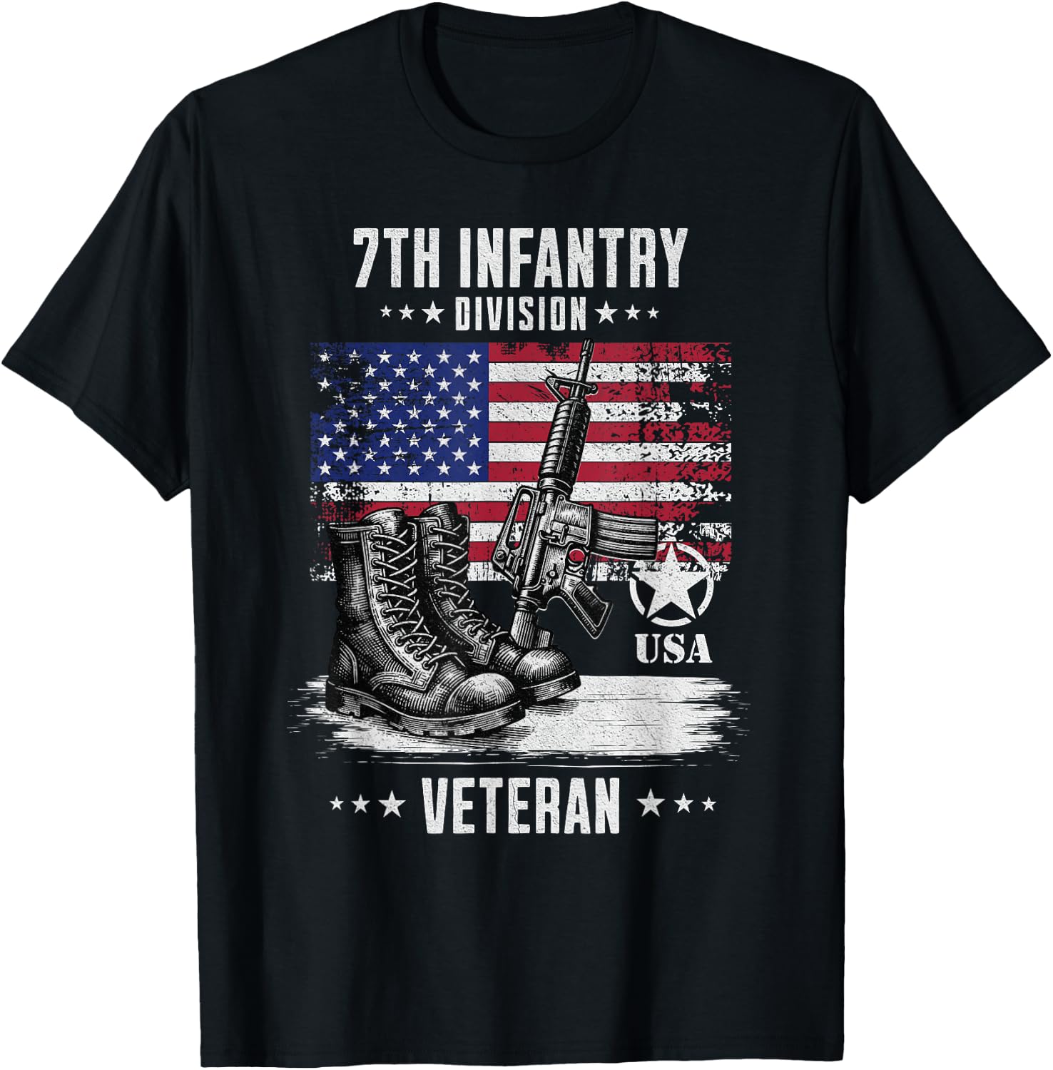 SoldierTees 7th Infantry Division Veteran Distressed -Adults - Black, Short Sleeve, Classic Fit, Military, Solid Color, Small T-Shirt - T-Shirt | Black