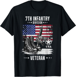 SoldierTees 7th Infantry Division Veteran Distressed -Adults - Black, Short Sleeve, Classic Fit, Military, Solid Color, Small T-Shirt - T-Shirt | Black