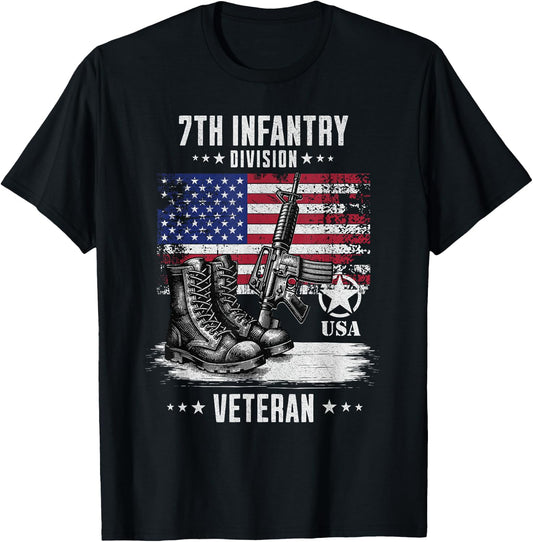 SoldierTees 7th Infantry Division Veteran Distressed -Adults - Black, Short Sleeve, Classic Fit, Military, Solid Color, Small T-Shirt - T-Shirt | Black