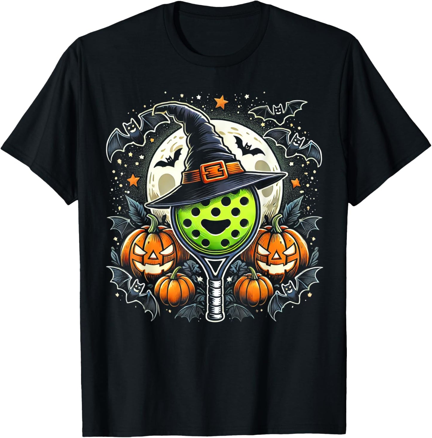 Pickleball Witch Halloween - Spooky Pumpkin Art T-Shirt - T-Shirt | Black