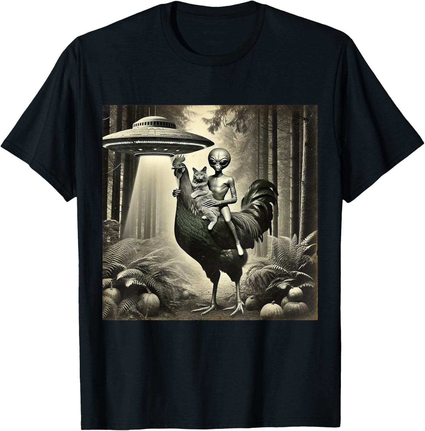 Funny UFO Alien and Cat Lovers Cat With Alien Riding Chicken -Adults, -Kids Black Short Sleeve T-Shirt - T-Shirt | Black
