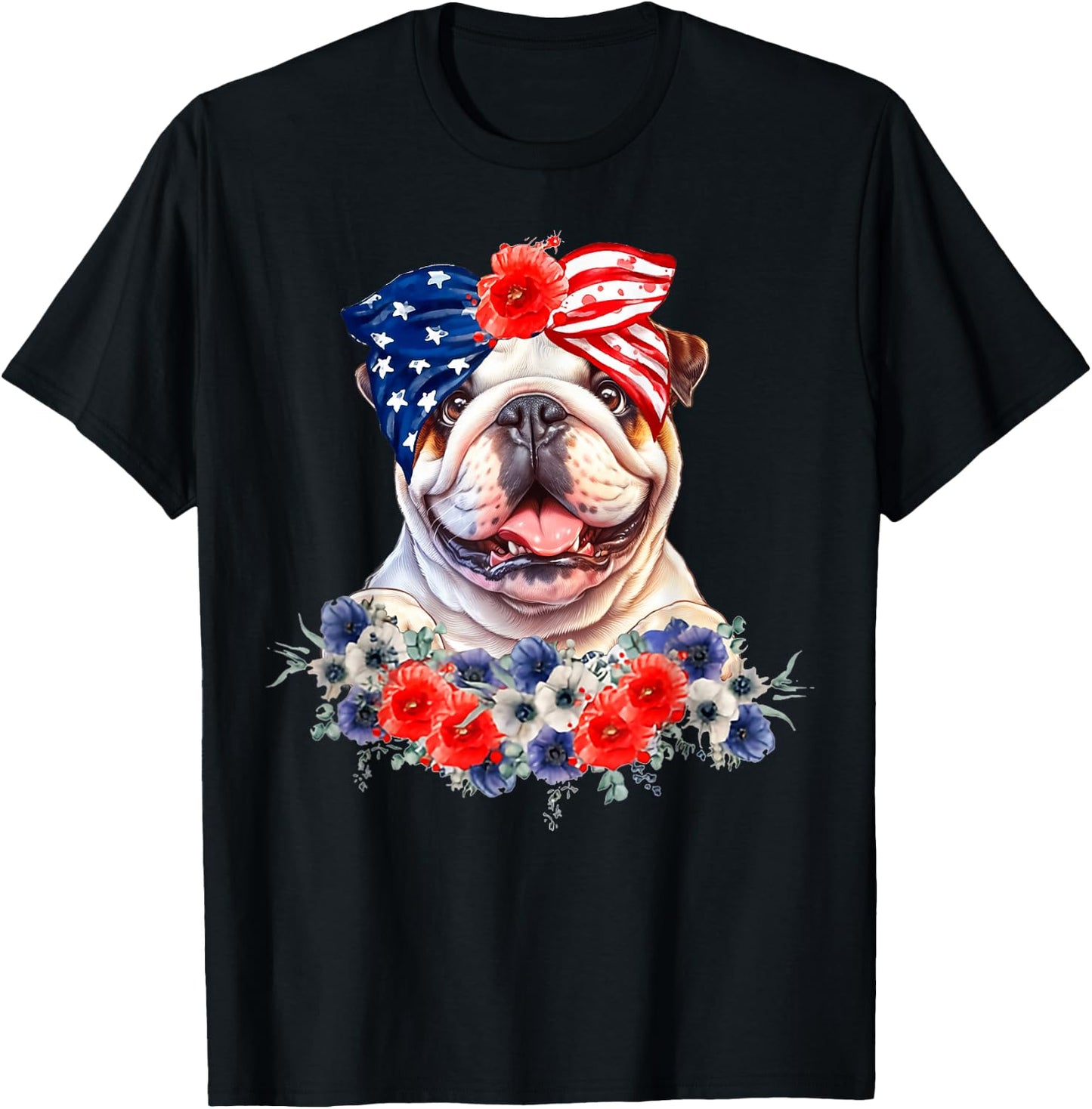 English Bulldog Dog Bandana American Flag 4th Of July T-Shirt - T-Shirt | Black