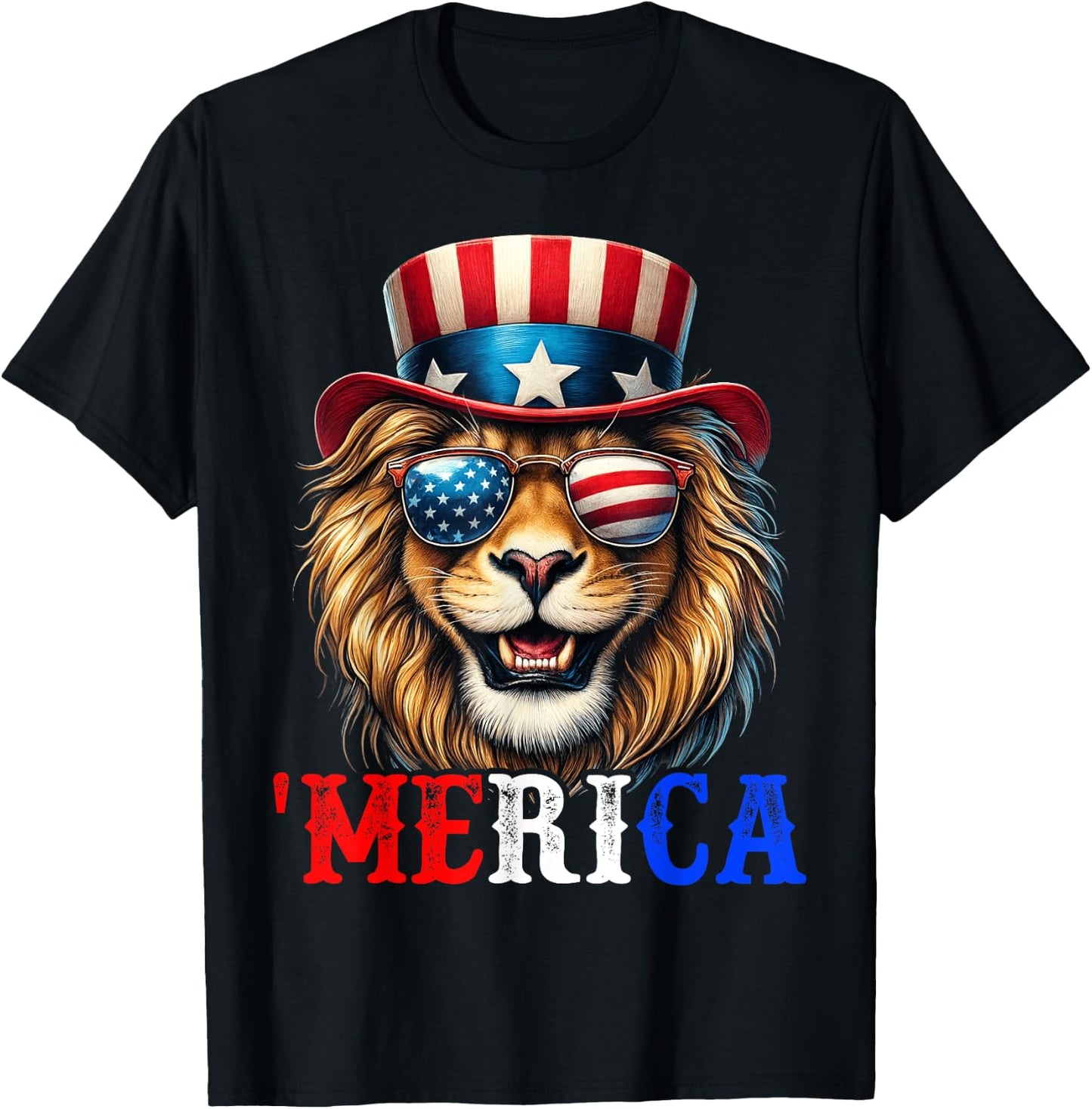 Merica Lion Patriotic 4th of July Funny Kids Men Women T-Shirt - T-Shirt | Black