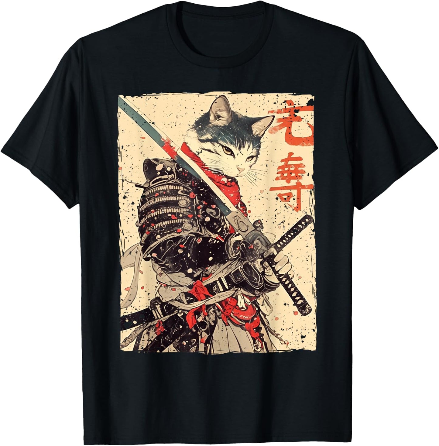 Samurai Cat Warrior Ukiyo Ink Artwork Cat Samurai T-Shirt - T-Shirt | Black
