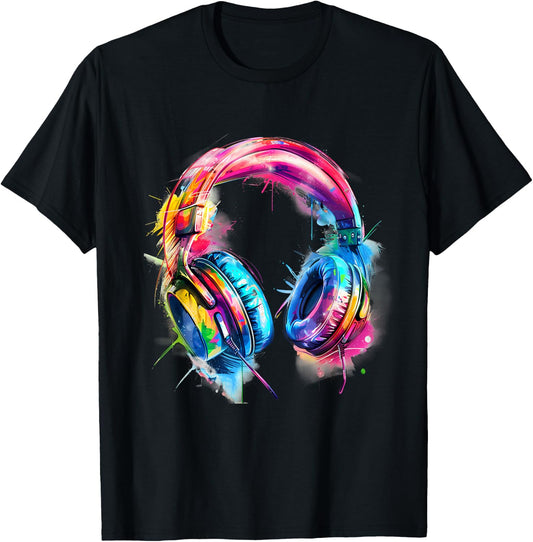 Headphones Music DJ Colourful Music Headphones Music Lover T-Shirt - T-Shirt | Black