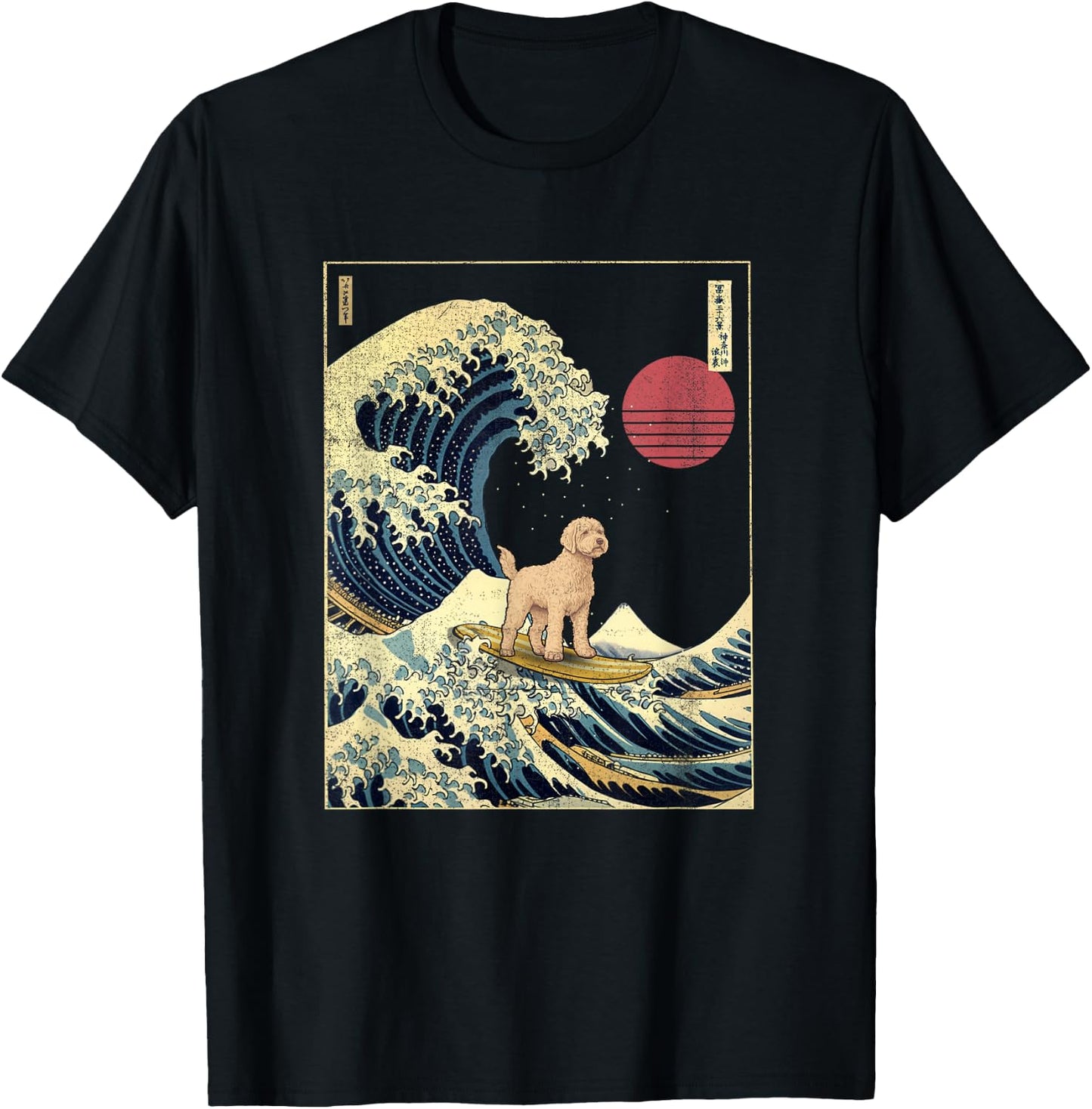 Labradoodle Japanese Kanagawa Wave Funny Surf Dog T-Shirt - T-Shirt | Black