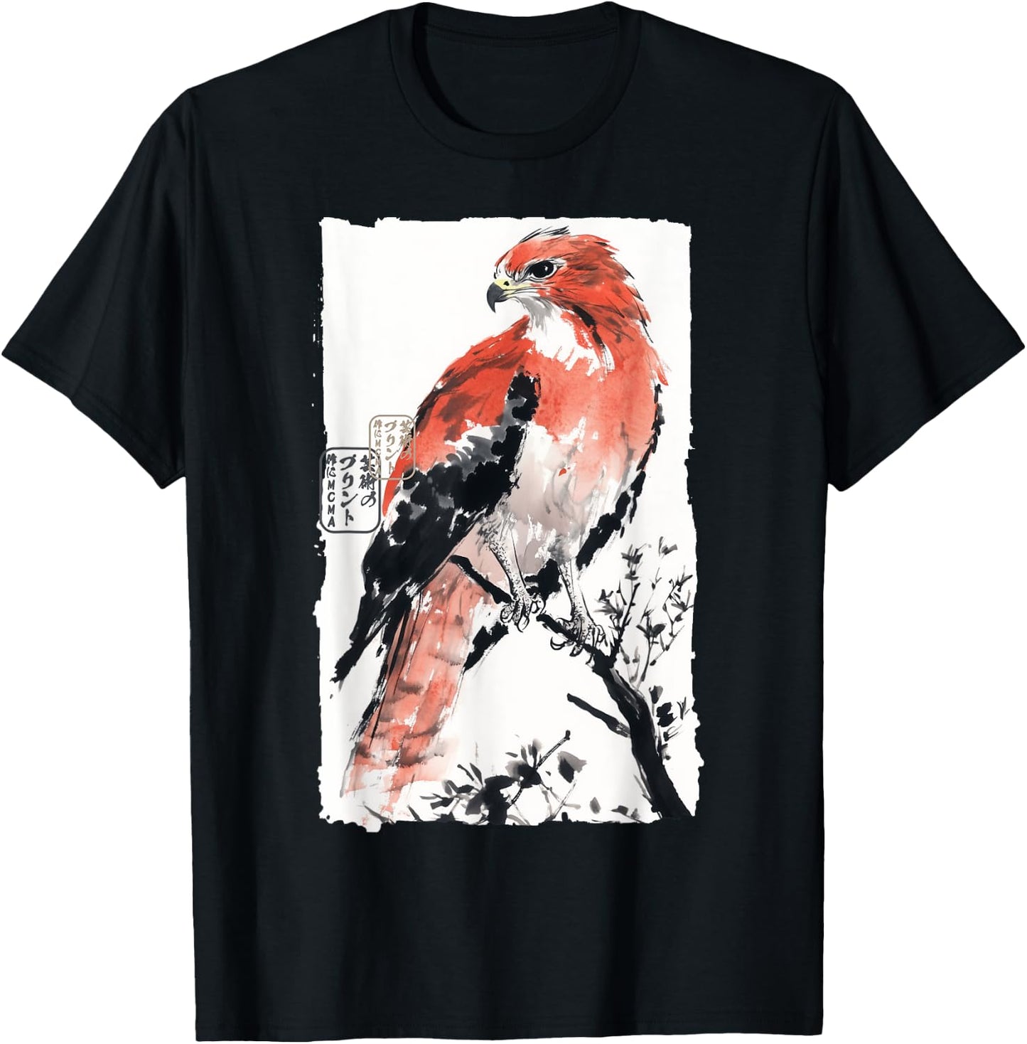 Japanese Falcon Ink Art Traditional Watercolor Sumi-E Style T-Shirt - T-Shirt | Black