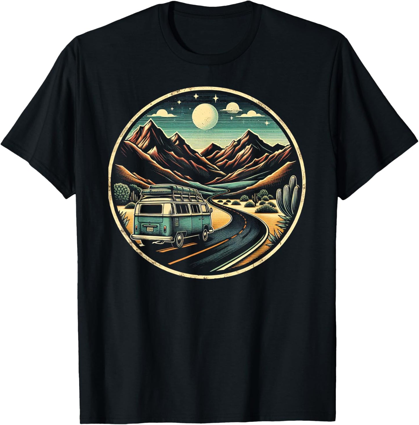 Retro Adventure Apparel Vintage Van Scenic Road Trip T-Shirt - T-Shirt | Black