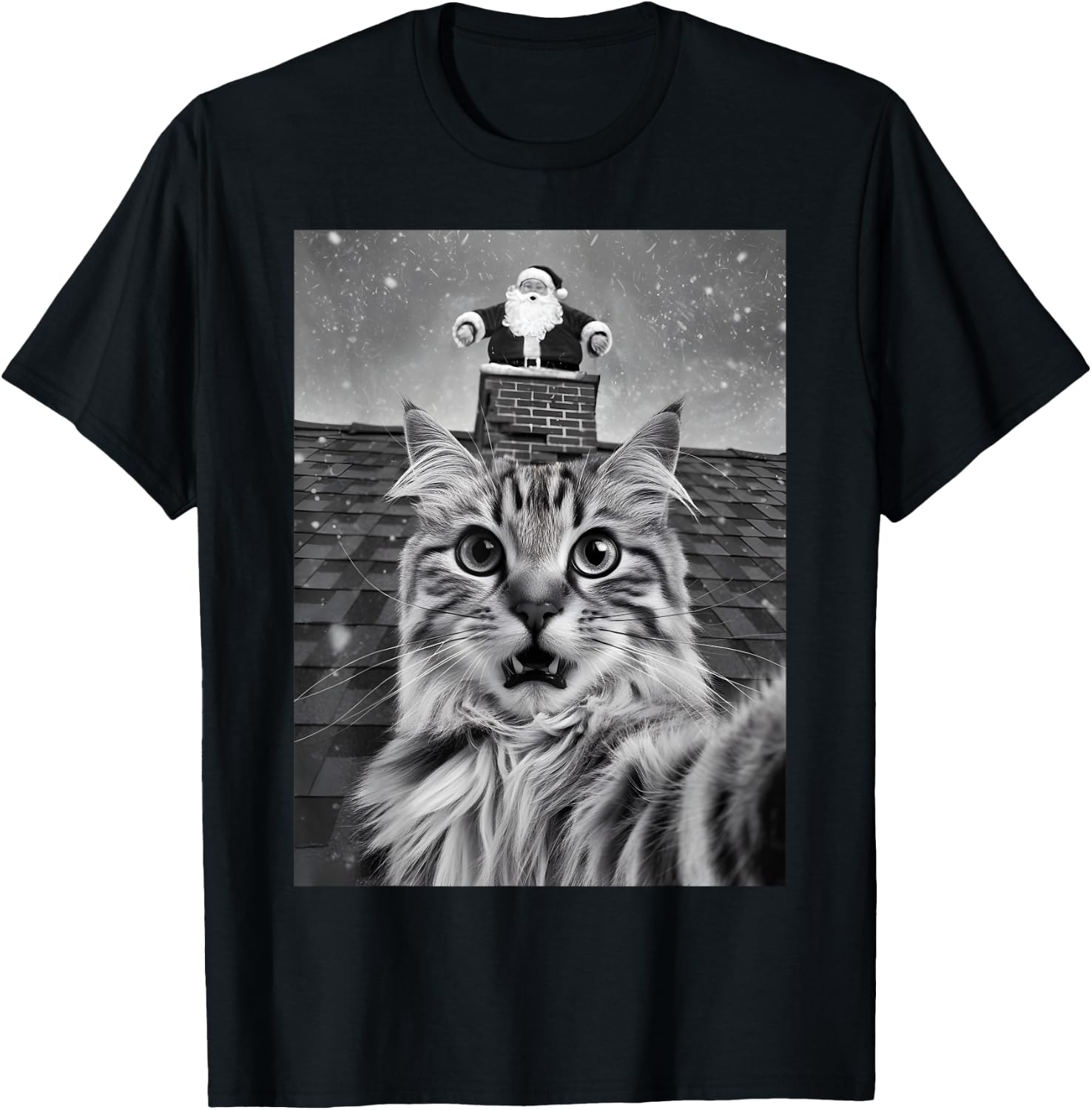 Cat Selfie With Santa Claus PJ Party Merry Christmas T-Shirt - T-Shirt | Black