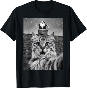 Cat Selfie With Santa Claus PJ Party Merry Christmas T-Shirt - T-Shirt | Black