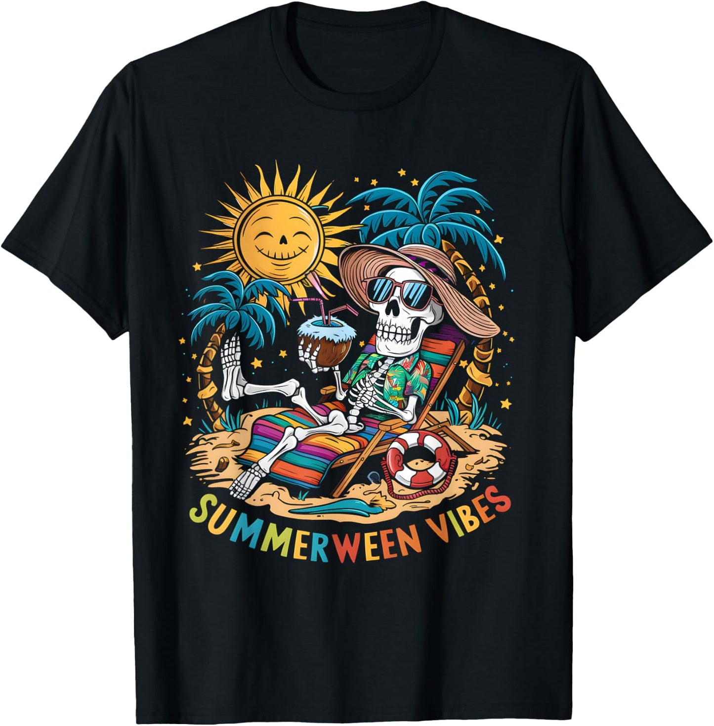 Funny Summerween Vibes Skeleton Summer Vacation Beach Men Women T-Shirt - T-Shirt | Black