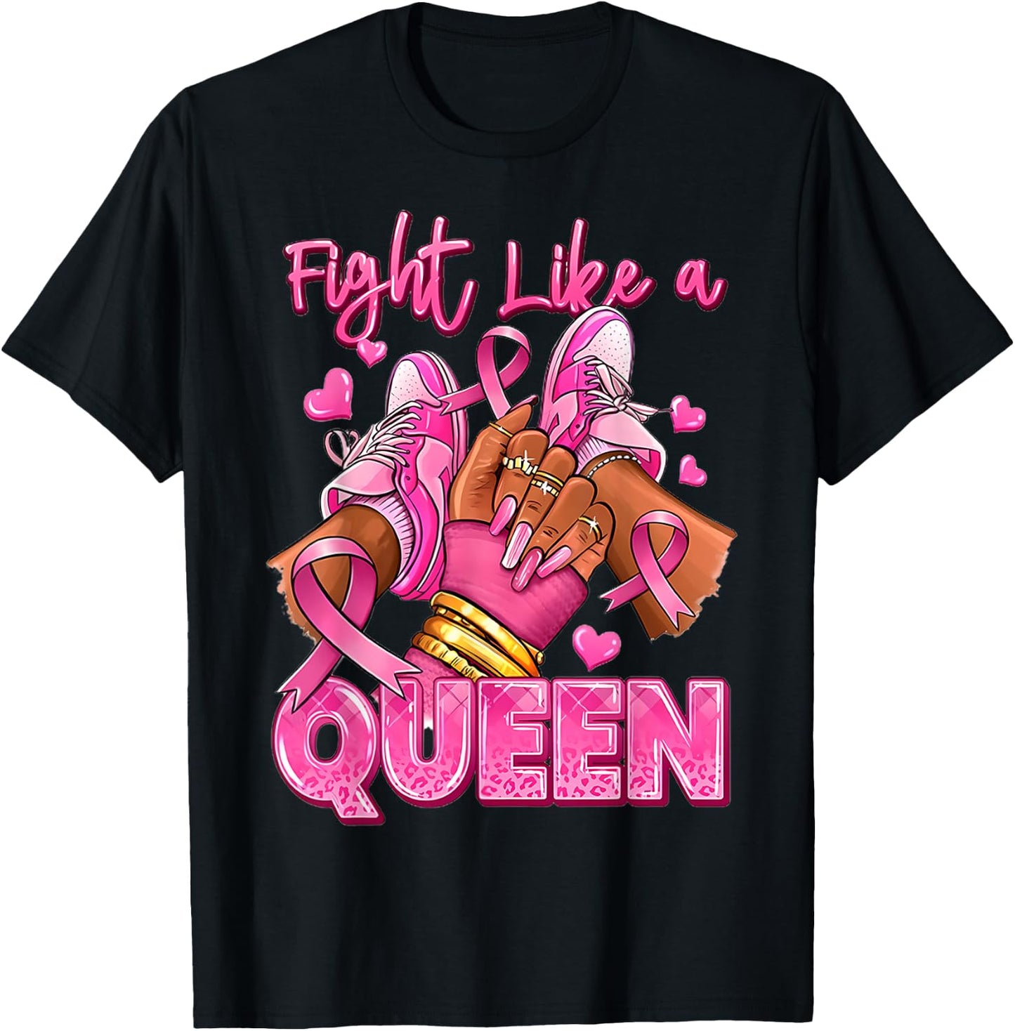 Fight Like A Queen Afro Girl Sneakers Breast Cancer Warrior T-Shirt - T-Shirt | Black