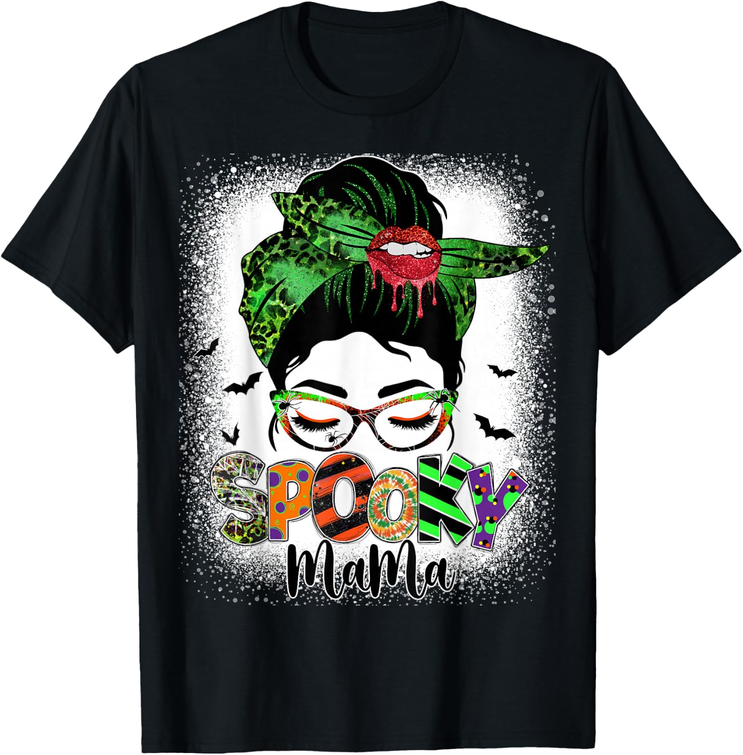 Spooky Mama Messy Bun Skull Mom Monster Bleached Halloween T-Shirt - T-Shirt | Black