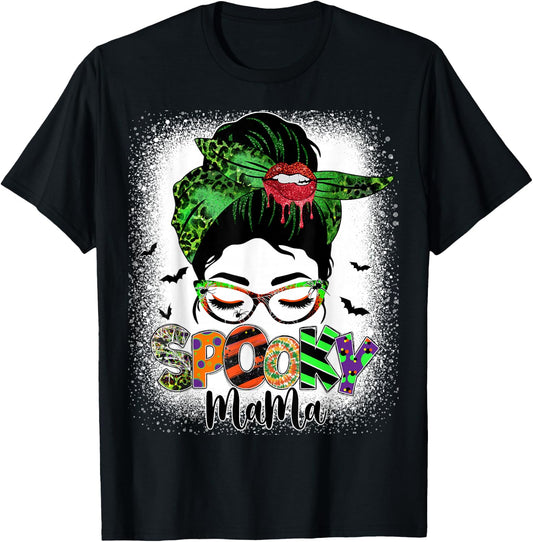 Spooky Mama Messy Bun Skull Mom Monster Bleached Halloween T-Shirt - T-Shirt | Black