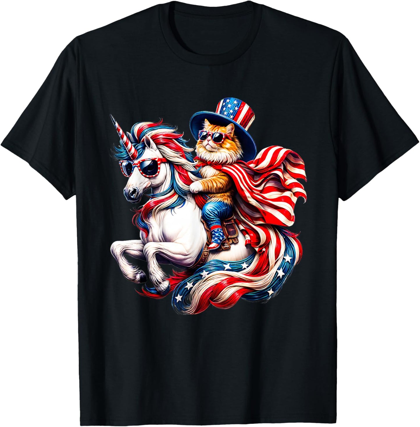 Cat Riding Unicorn USA Flag Patriotic 4th of July T-Shirt - T-Shirt | Black