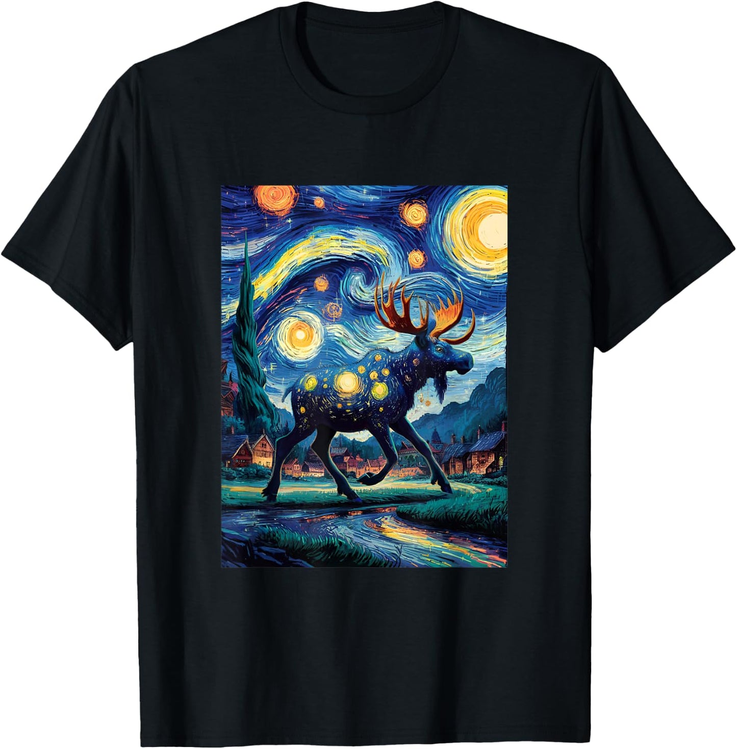 Artistic Moose Van Gogh Style Starry Night The Moose Lovers T-Shirt - T-Shirt | Black
