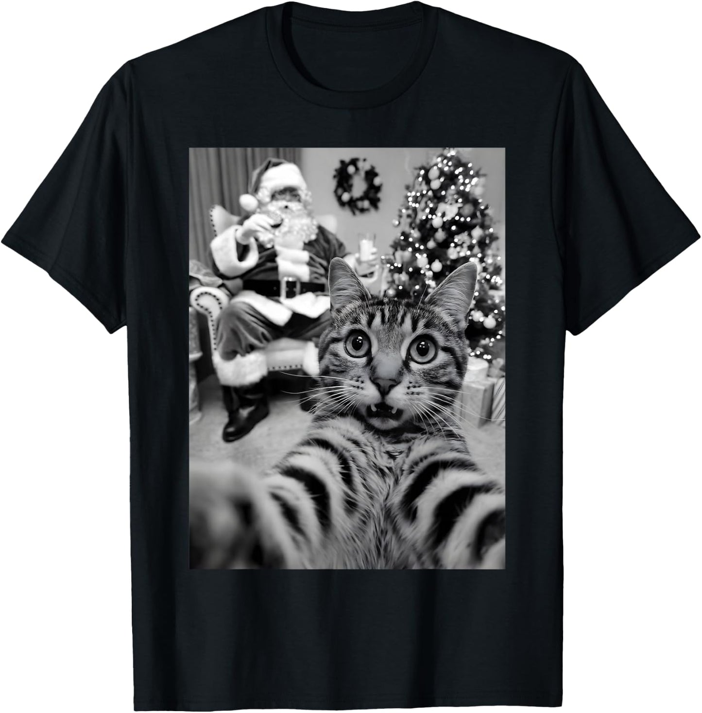 Christmas Santa Claus Merry X-Mas Funny Cat Selfie T-Shirt - T-Shirt | Black