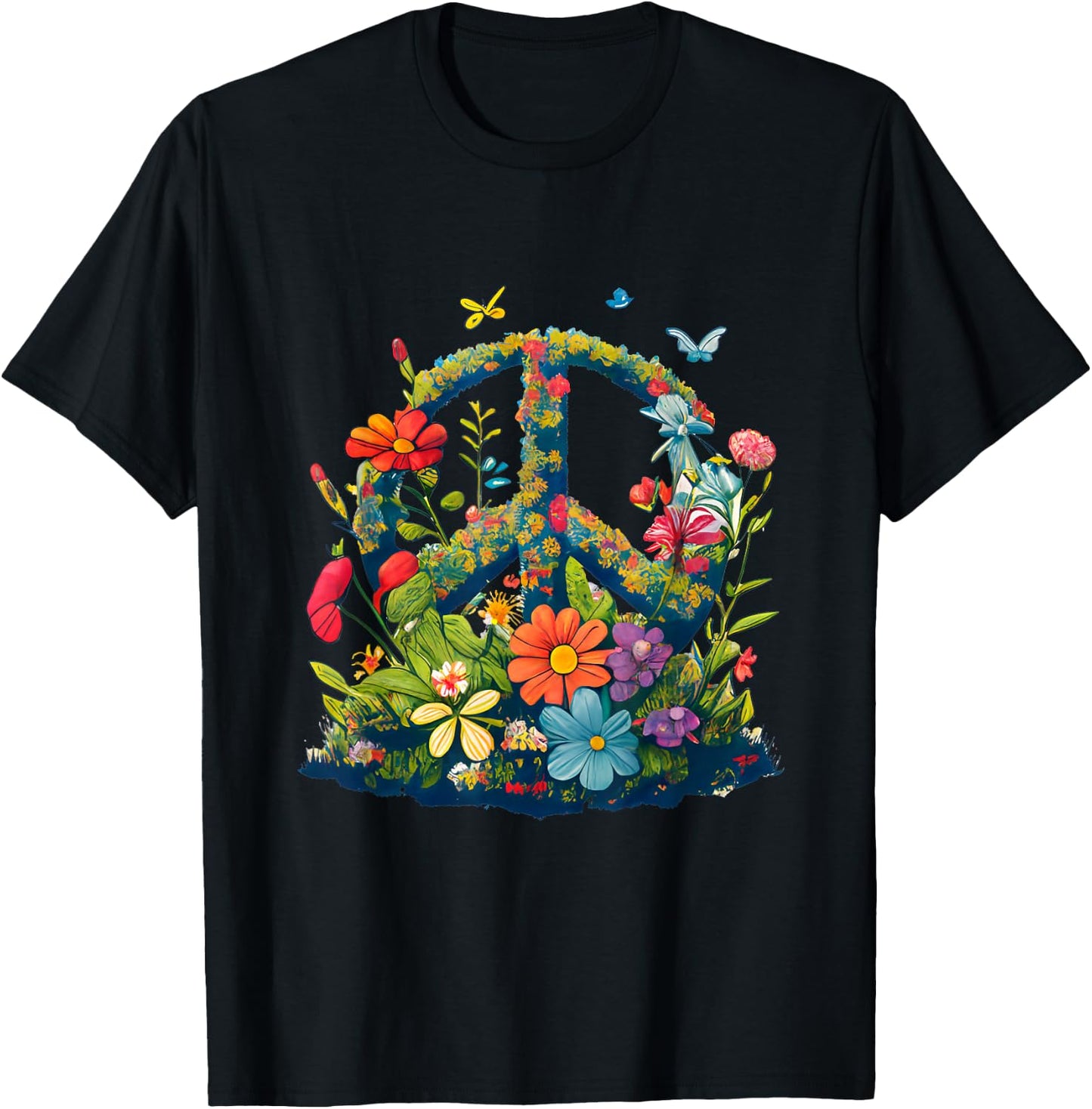 Peace Sign with Flowers and Butterflies, Peace T-Shirt - T-Shirt | Black