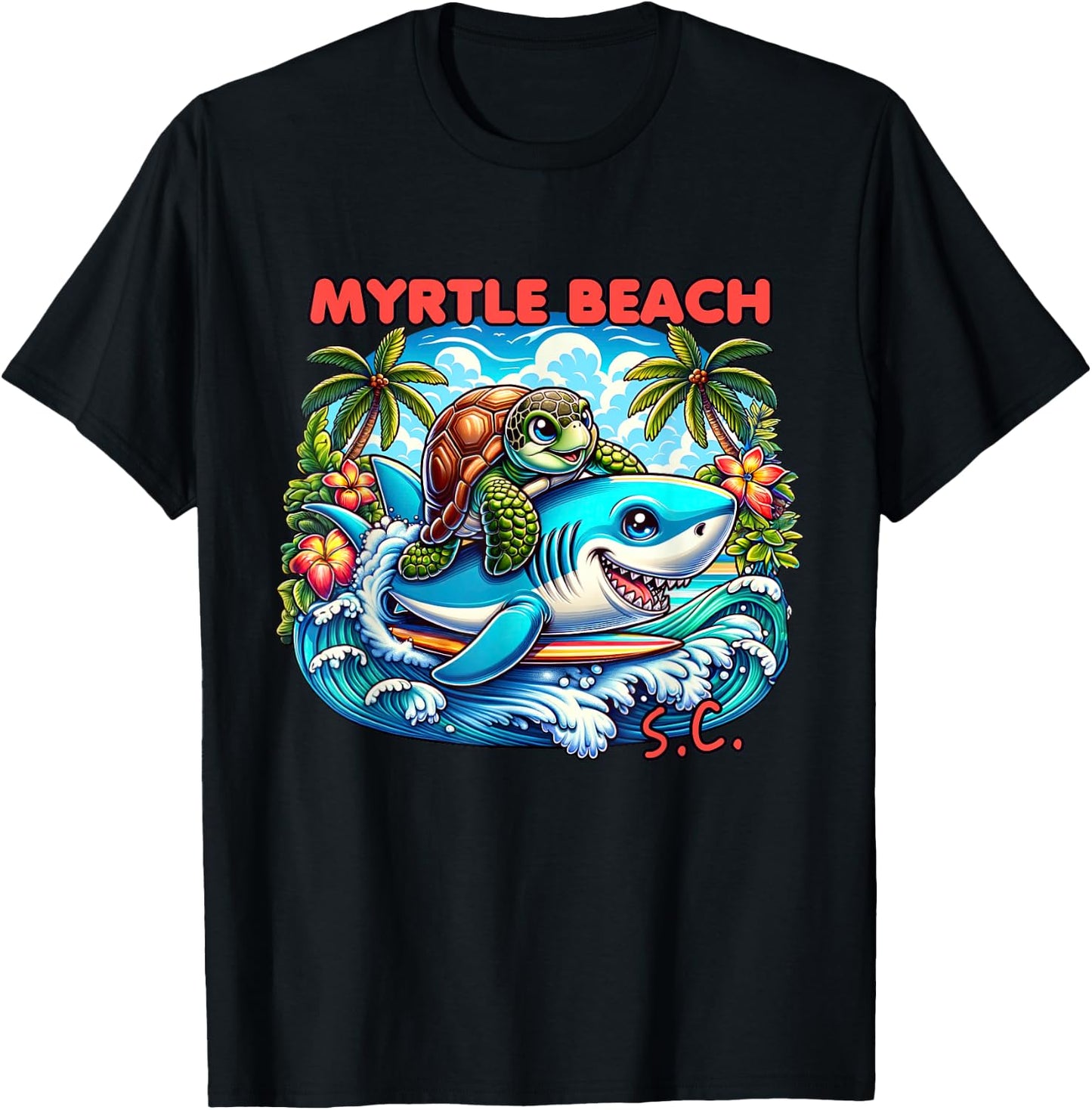 Myrtle Beach South Carolina Turtle and Shark T-Shirt - T-Shirt | Black