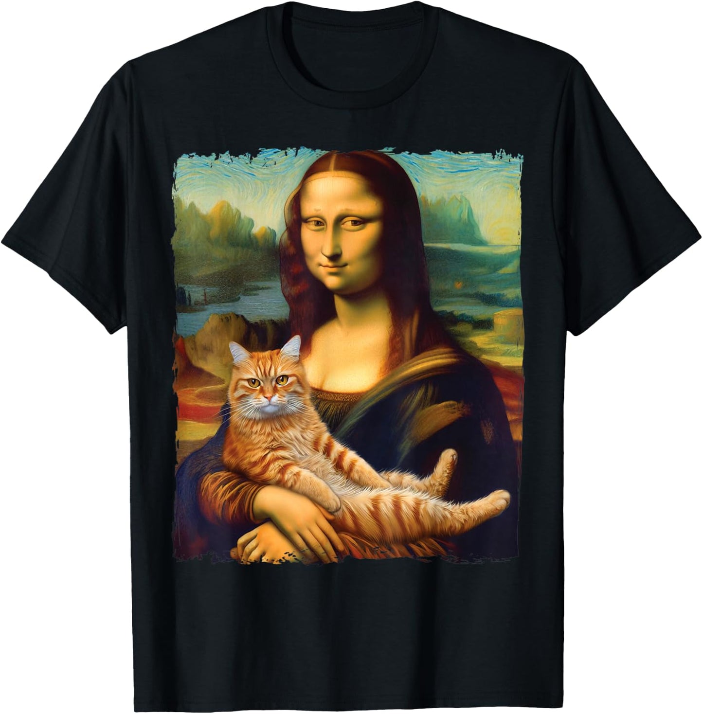 Mona Lisa Holding Cat Kitty for Cats Lover Cat Dad Cat Mom T-Shirt - T-Shirt | Black