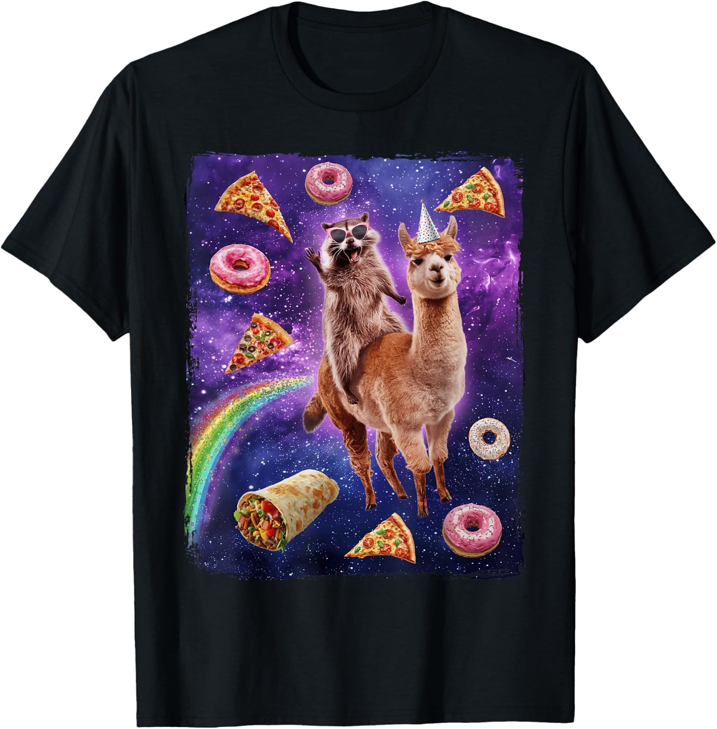 Raccoon Riding Alpaca Dank Meme Galaxy T-Shirt - T-Shirt | Black