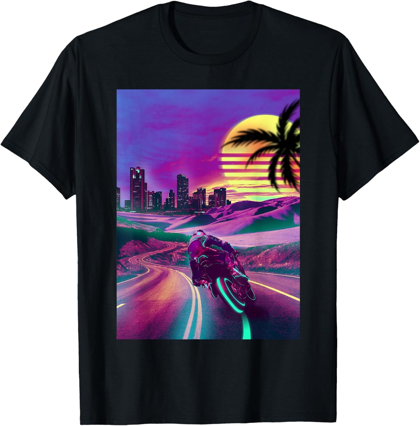 Outrun Vaporwave Retro 80s Synthwave Motorcycle Biker Racing T-Shirt - T-Shirt | Black